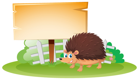 Wooden board and hedgehog in garden illustrationのイラスト素材