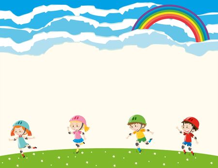 Background template with kids rollerskating illustrationのイラスト素材