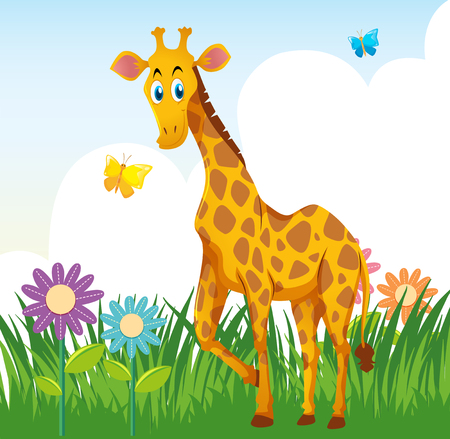 Giraffe in flower garden illustrationのイラスト素材
