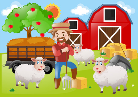 Farmer and sheeps on the farm illustrationのイラスト素材