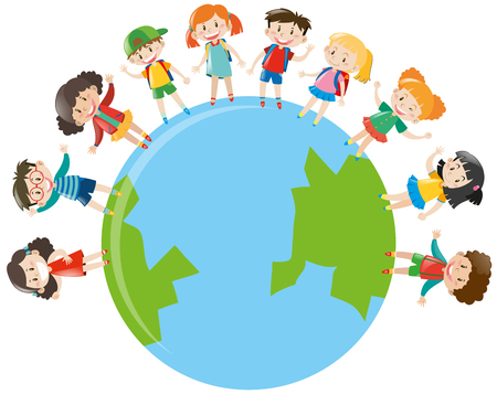 Happy children standing on earth illustrationのイラスト素材