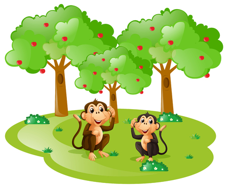 Two monkeys in the forest illustrationのイラスト素材
