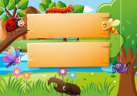 Wooden boards and different types of insects illustrationのイラスト素材