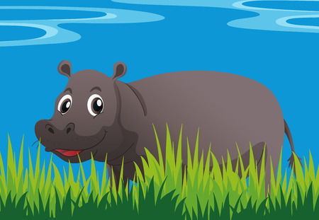 Happy hippo in the garden illustrationのイラスト素材
