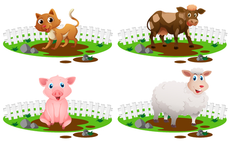 Four types of animals in the mud illustrationのイラスト素材