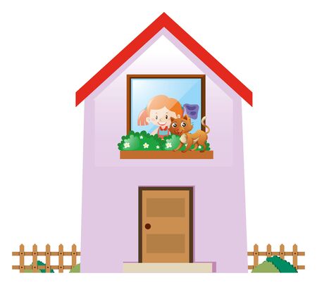 Girl and cat in the house illustrationのイラスト素材