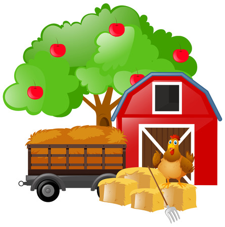 Chicken standing on hay in the farm illustrationのイラスト素材
