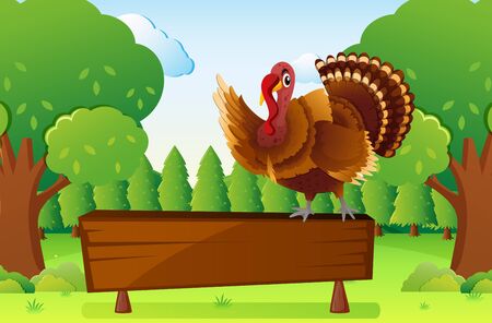 Wooden board with wild turkey in forest illustrationのイラスト素材