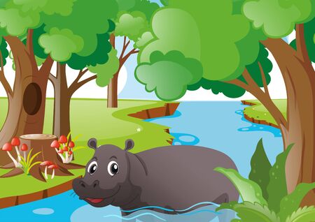 Hippo swimming in the river illustrationのイラスト素材