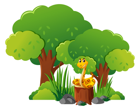 Snake on stump tree in forest illustrationのイラスト素材