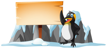 Wooden sign template and penguin on ice illustrationのイラスト素材