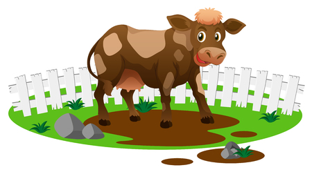 Brown cow in the farm illustrationのイラスト素材