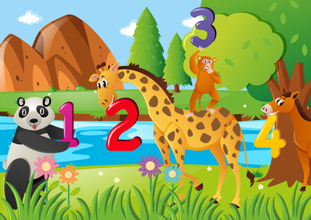 Counting numbers with wild animals illustrationのイラスト素材