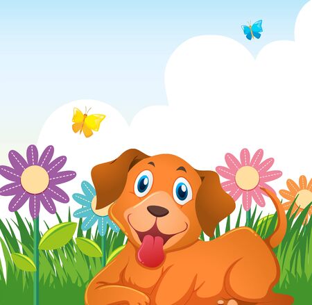 Cute dog in flower garden illustrationのイラスト素材