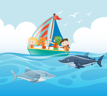 Kids sailing and sharks swimming illustrationのイラスト素材