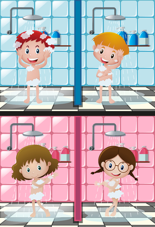Four kids showering in bathroom illustrationのイラスト素材