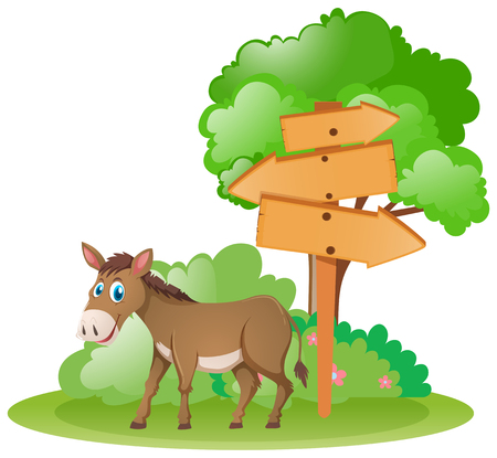 Wooden signs and donkey by the tree illustrationのイラスト素材