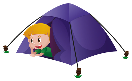 Little boy sleeping in blue tent illustrationのイラスト素材