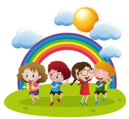 Happy children dancing in garden illustrationのイラスト素材