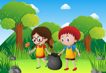 Two kids picking garbage in the park illustrationのイラスト素材