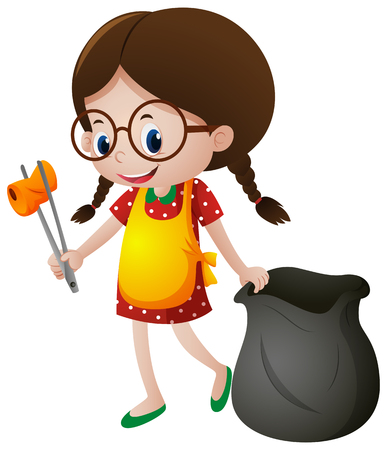 Little girl picking up trash illustrationのイラスト素材