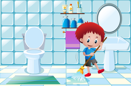 Boy cleaning wet floor in bathroom illustrationのイラスト素材