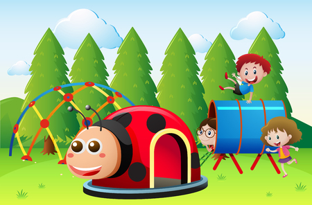 Three kids playing in the playground illustrationのイラスト素材