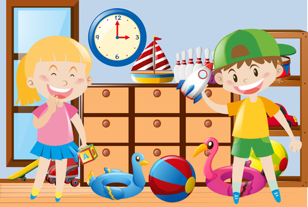 Boy and girl playing toys in the room illustrationのイラスト素材