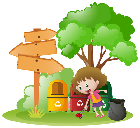 Little girl picking up trash in garden illustrationのイラスト素材