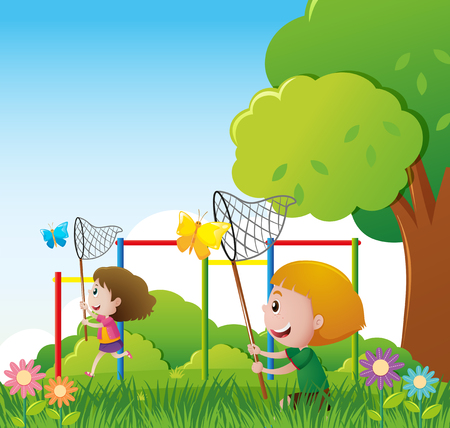 Two kids catching butterflies in garden illustrationのイラスト素材