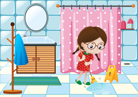 Girl cleaning bathroom floor illustrationのイラスト素材