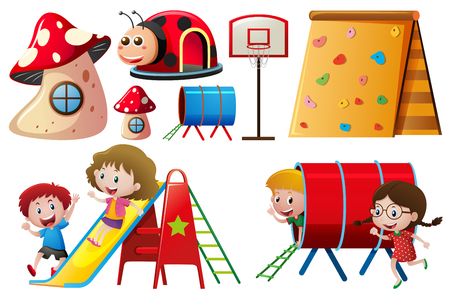 Children playing with slide and tunnel illustrationのイラスト素材