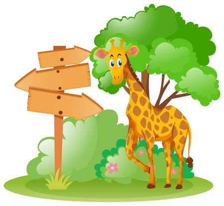 Giraffe standing by the wooden sign in park illustrationのイラスト素材