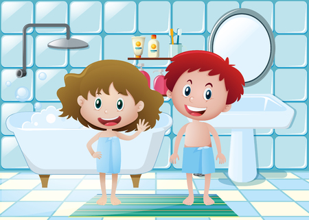 Two kids in the bathroom illustrationのイラスト素材