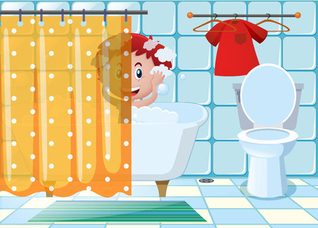 Boy taking bath in bathroom illustrationのイラスト素材