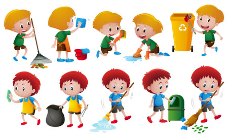 Boys doing different chores illustrationのイラスト素材