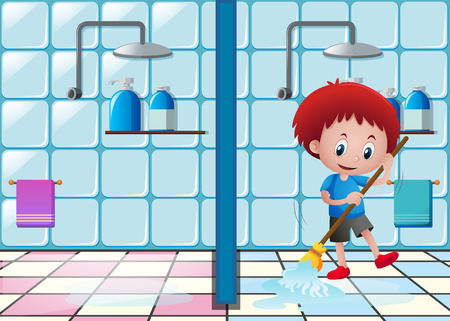 Little boy mopping the bathroom floor illustrationのイラスト素材