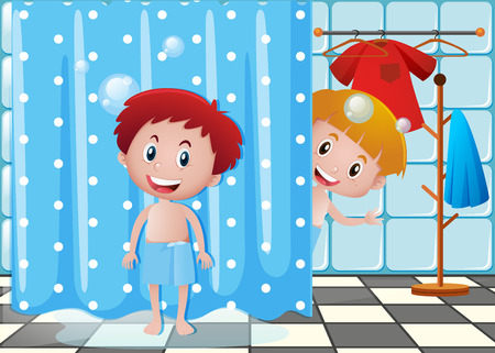 Two boys in bathroom illustrationのイラスト素材