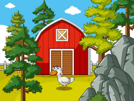 Farm scene with duck in front of red barn illustrationのイラスト素材