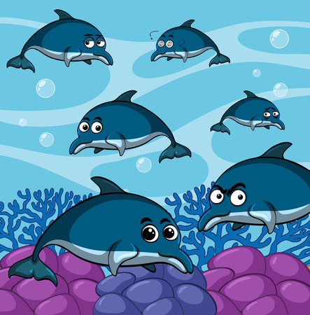 Blue dolphins swimming underwater illustrationのイラスト素材