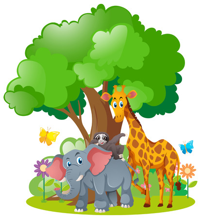 Wild animals standing under the tree illustrationのイラスト素材
