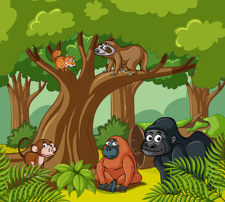 Scene with wild animals in the forest illustrationのイラスト素材
