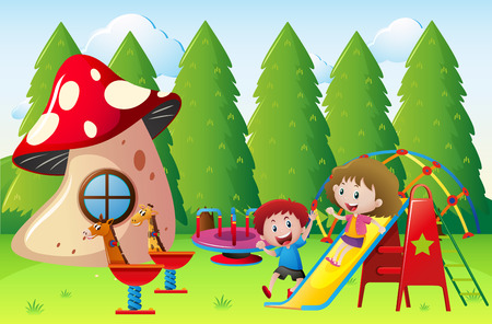 Two kids playing slide in the park illustrationのイラスト素材