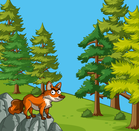 Scene with fox stands on the rock illustrationのイラスト素材