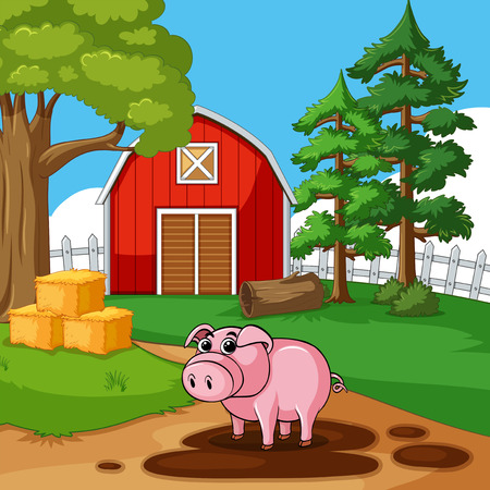 Cute pig playing mud in the farm illustrationのイラスト素材