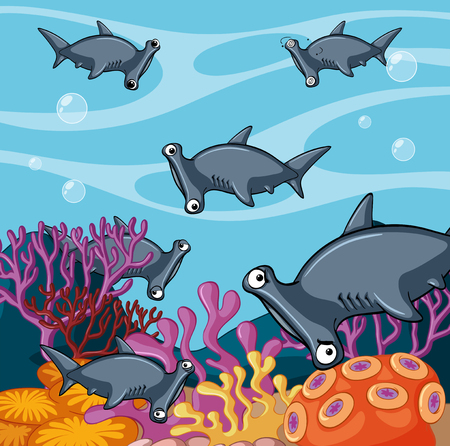 Scene with hammerhead sharks in the ocean illustrationのイラスト素材