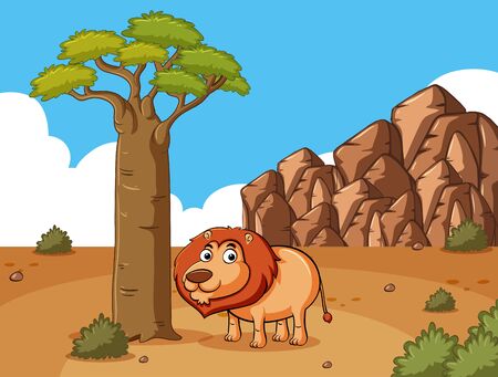 Lion standing under the tree illustrationのイラスト素材