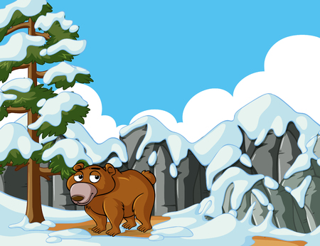 Grizzly bear in snow mountain illustrationのイラスト素材
