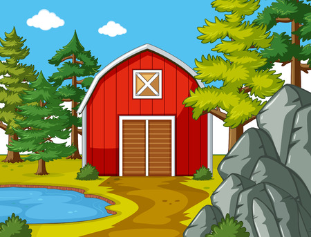 Scene with red barn by the pond illustrationのイラスト素材
