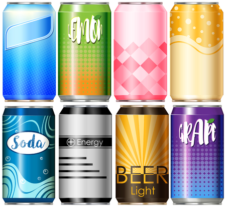 Eight aluminum cans with different designs illustrationのイラスト素材